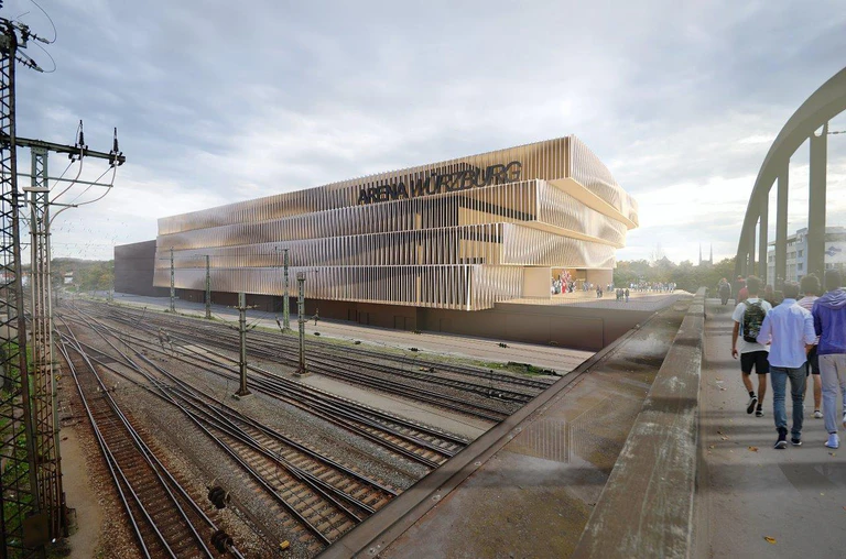 Visualisierung Multifunktionsarena - Blick Grombühlbrücke — © Foto: Architektur - Brückner & Brückner Architekten / Visualisierung: PONNIE Images